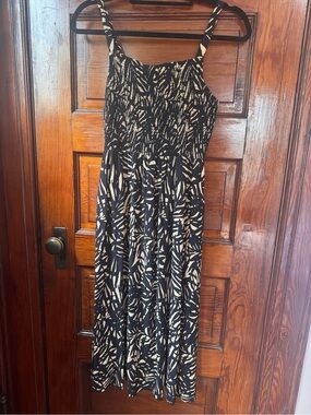 Old Navy Smocked Fit & Flare Cami Midi Dress – Black Tropical Palm Print XS